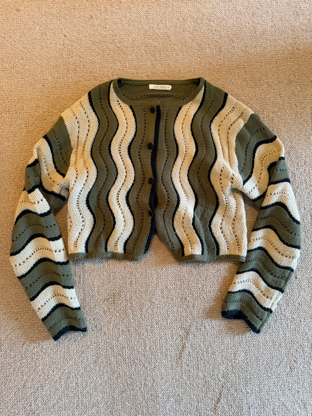 12th Tribe Olive, Cream & Black Wavy Cropped Cardigan